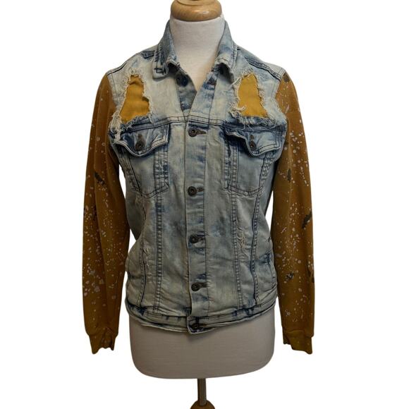 Evolution In Design Paint-Splattered Sleeve Denim Jacket Sz XL Distressed Rocker - Picture 1 of 9